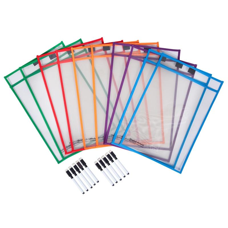 Write n Wipe Paper Saver Sleeves - A4 Pack of 10 - Assorted Colours - inc Pens - Educational Vantage