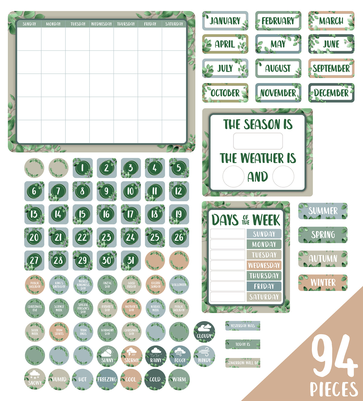 Eucalyptus Essentials Calendar Bulletin Board Set