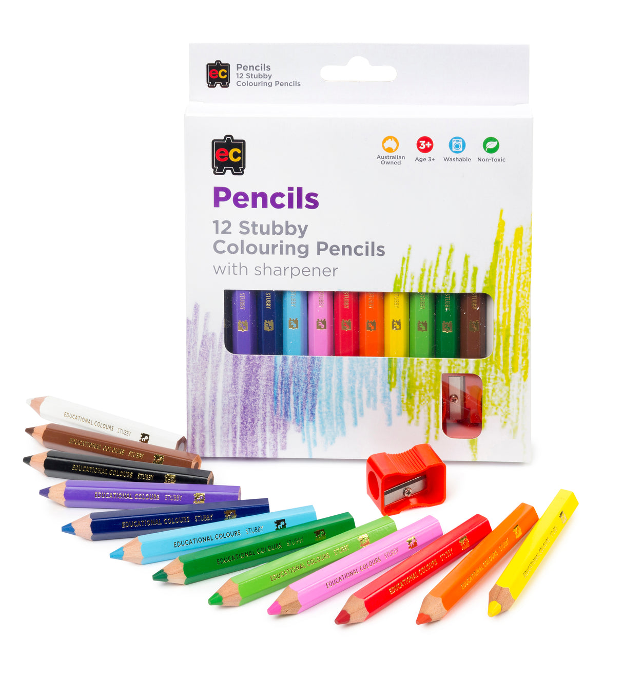 Jumbo Stubby Colouring Pencils Pack 12 & Sharpener - Educational Vantage