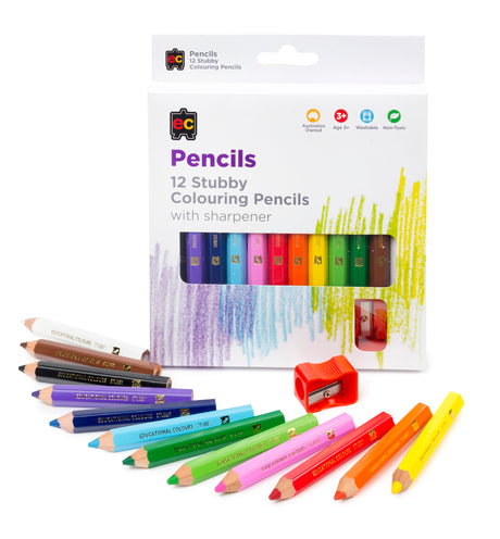 Jumbo Stubby Colouring Pencils Pack 12 & Sharpener - Educational Vantage